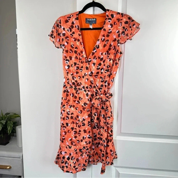 ModCloth Hutch Orange Leopard Print Party Prowl Wrap Mini Dress Size Small NWOT - Picture 3 of 9